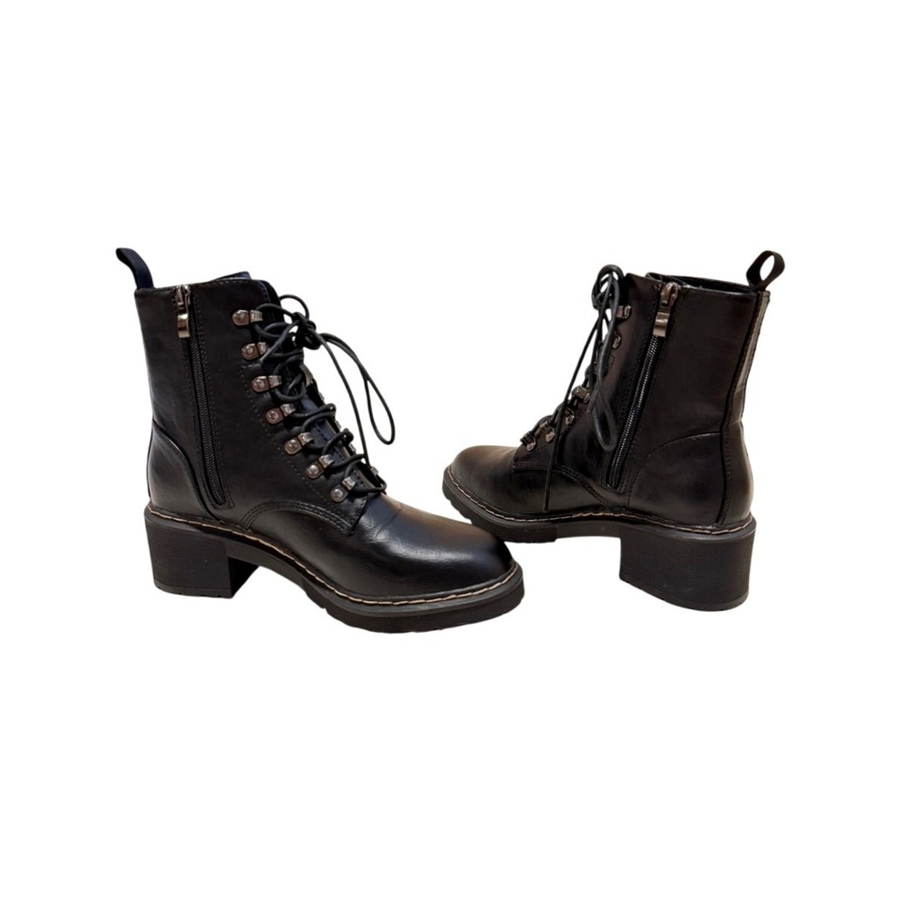 Black Combat Boots Lace Up Zip Close Heeled Mid Calf Moto Grunge Streetwear Sz 8